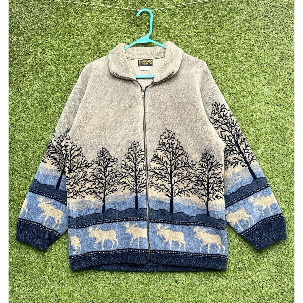 Marshlands Fleece Jacket Mens Medium Zip Up Deer All Over Print USA Made Hunting